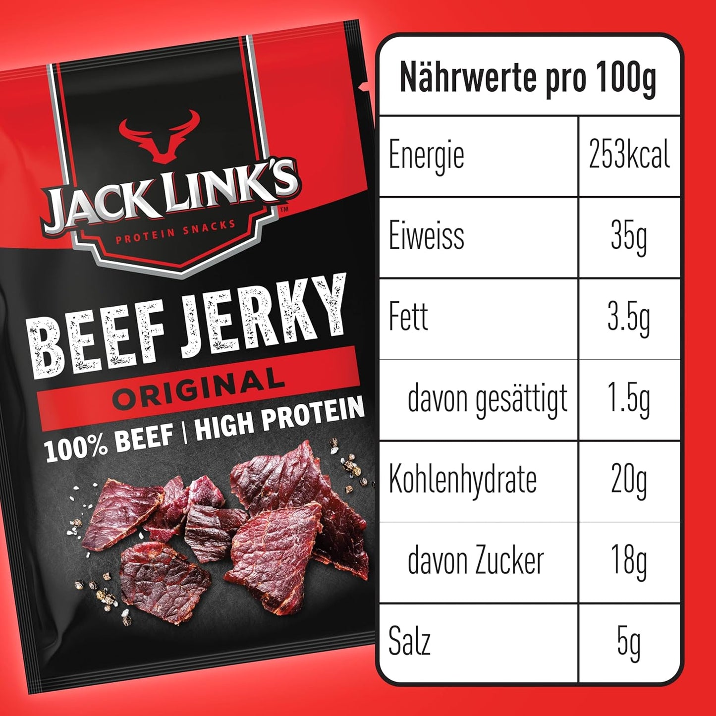 Jack Links Beef Jerky Original (12 x 60 g) - Viande séchée - Riche en protéine snack - Boeuf séché Jack Link's