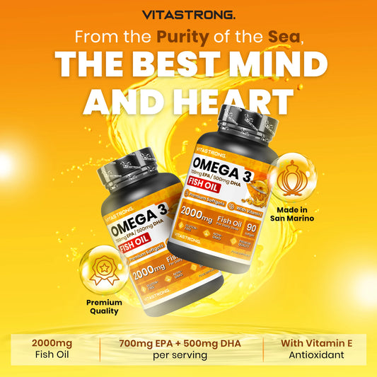 Oméga-3 Huile de Poisson 2000mg | 700mg EPA & 500mg DHA + Vitamine E | Cœur, Cerveau & Triglycérides | Allégations EFSA | Sans Arrière-Goût | 90 Softgels — 45 Jours