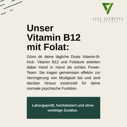 Vita Elements Vitamine B12 Triple Forme 500µg — Méthylcobalamine, Adénosylcobalamine & Hydroxocobalamine + Quatrefolic® 200µg | Végan | 180 Comprimés