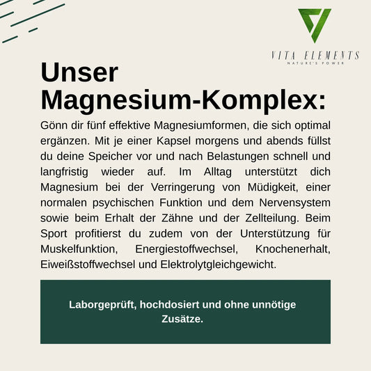 Vita Elements Complexe Magnésium 5 Formes — Bisglycinate, Malate, Citrate, Ascorbate & Oxyde | Végan | 180 Gélules | Testé en Allemagne
