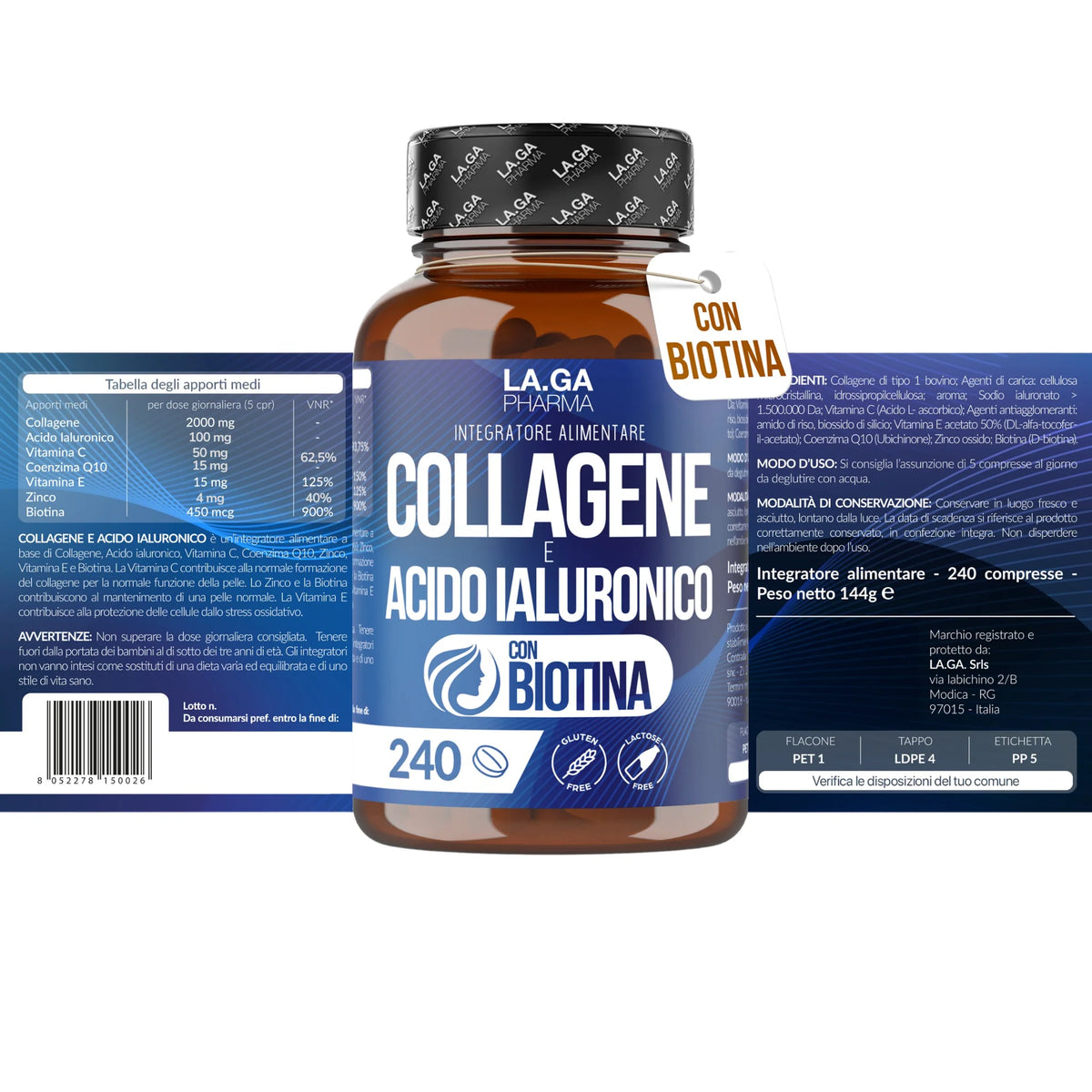 Collagène hydrolysé et acide hyaluronique – 240 comprimés