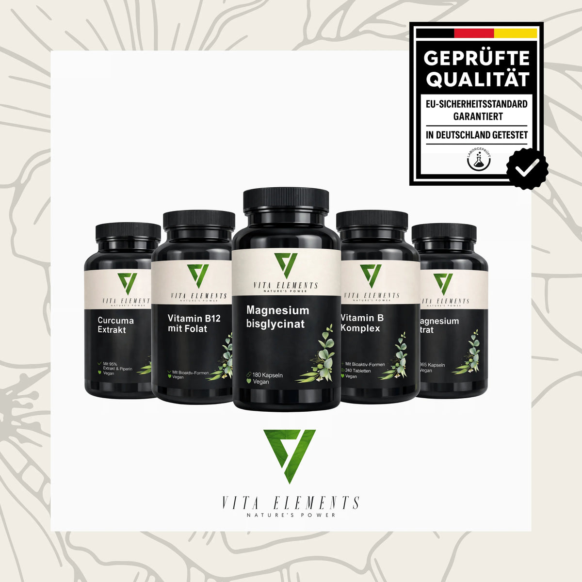 Vita Elements Magnésium Bisglycinate 300mg — Haute Biodisponibilité, Douceur Gastrique | Végan, Sans Gluten | 180 Gélules | Testé en Allemagne
