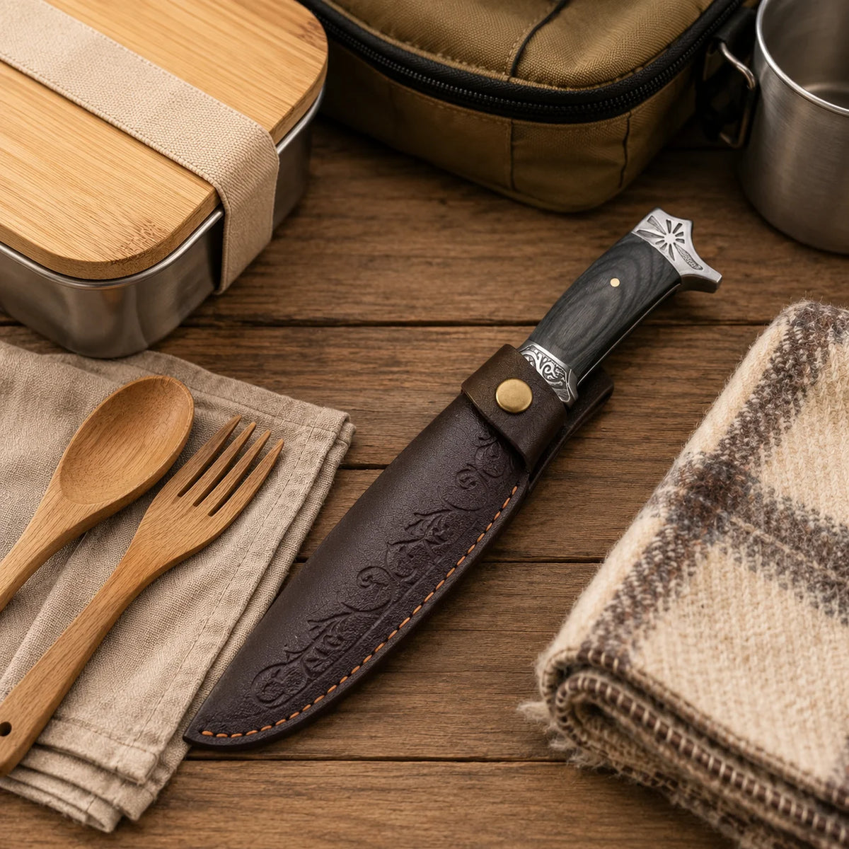 Couteau Outdoor Camping avec Gaine Cuir – Outil de Coupe Portable | Pêche, BBQ, Randonnée, Survie