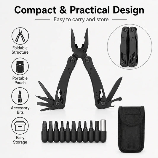 Pince Multifonction Pliable – Embouts Tournevis & Pochette Nylon – Bricolage, Camping, Vélo