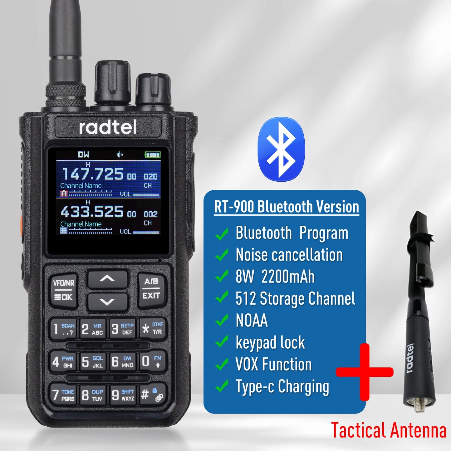 Talkie-Walkie Radtel RT-900 Ham Radio Full Band 8W – 256 Canaux, Air Band, Programmation Bluetooth (Optionnelle) - BLACKBEARD OUTDOOR INDUSTRIES