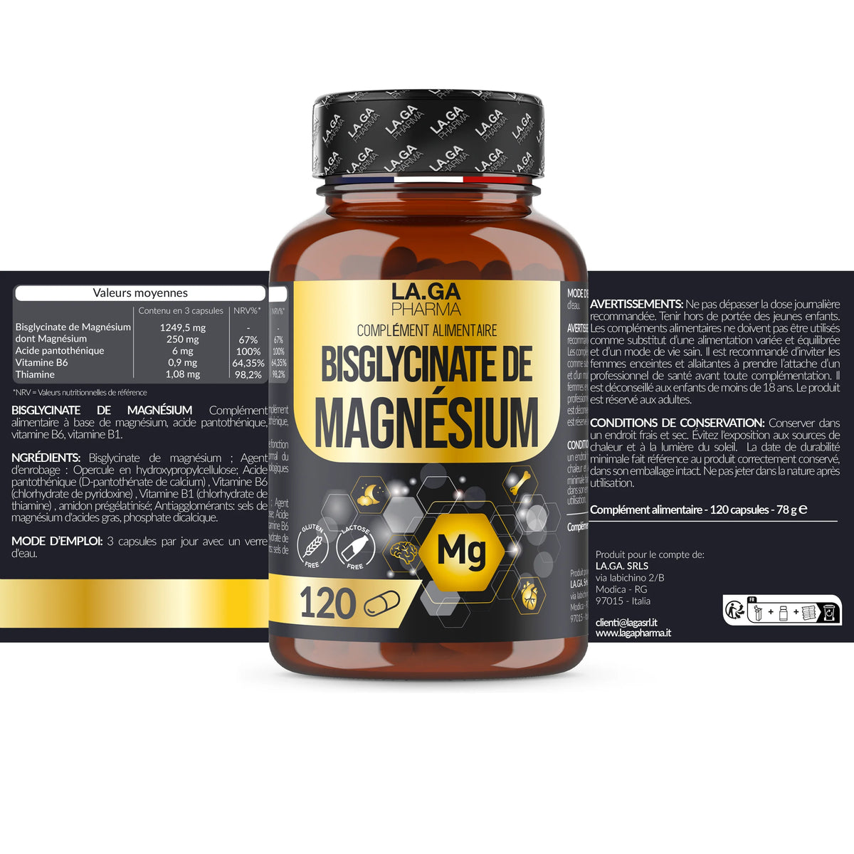 Magnésium bisglycinate et vitamines B1, B5, B6 – 120 gélules vegan