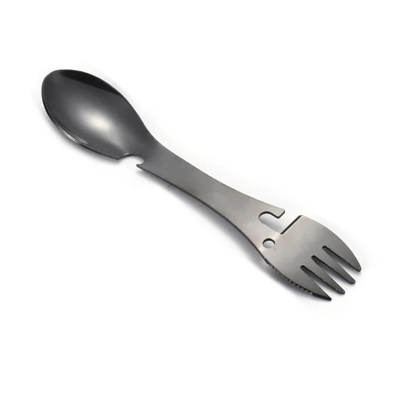 Outil Multifonction 5 en 1 pour Camping - Fourchette, Couteau, Cuillère, Ouvre-Bouteille