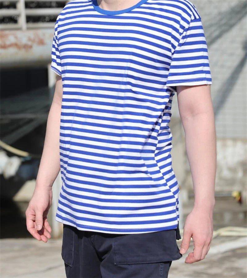 T-Shirt Rayé Style Marine Militaire – Coton/Elasthanne, Respirant | Homme, S à XXXL