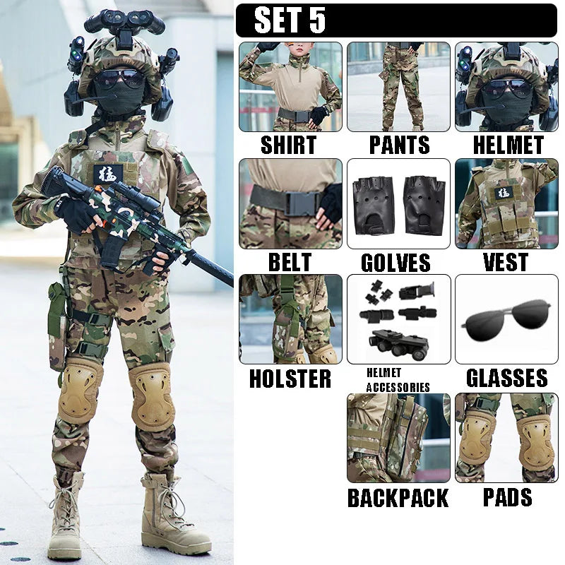 Ensemble Uniforme Militaire Tactique G3 Camouflage Enfant – Costume Soldat Garçon Fille