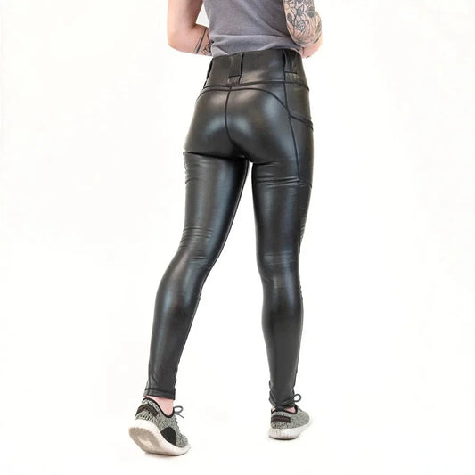 Legging Tactique Simili Cuir Femme Taille Haute – 2 Poches, Compatible Holster & Ceinturon