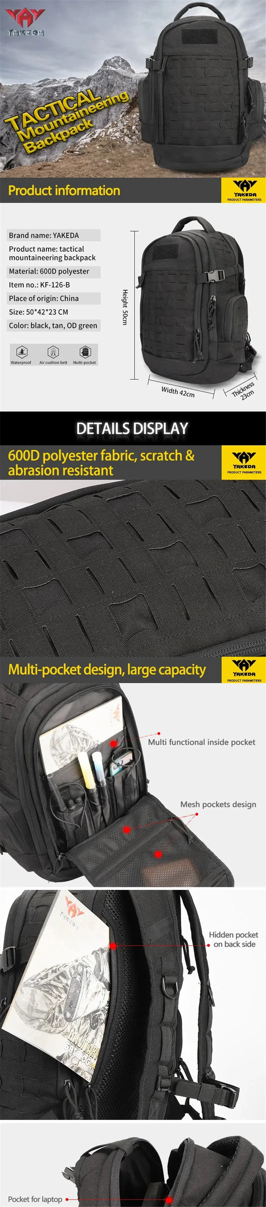 Sac à Dos Tactique YAKEDA – Randonnée, Trekking, Montagne, Camping Camouflage 600D Molle - BLACKBEARD OUTDOOR INDUSTRIES