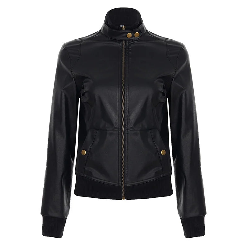 Veste Courte Simili Cuir Femme Col Montant Taille Cintrée – Zip, Style Streetwear Chic