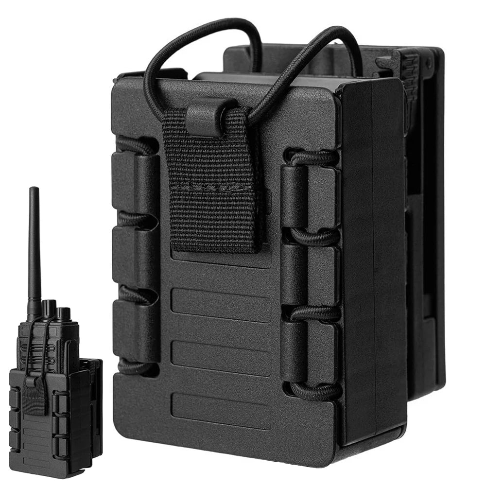 Étui porte-radio noir avec maintien élastique, radio présentée à côté