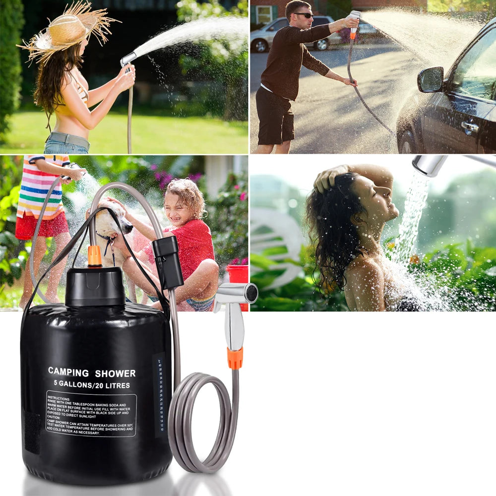 Douche de camping rechargeable USB-C – Kit avec poche d’eau 20 L