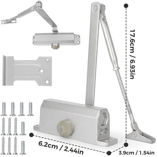 Ferme-Porte Hydraulique Automatique en Alliage d'Aluminium – Pose en Applique, Porte Coulissante jusqu'a 65 kg, Couleur Argent