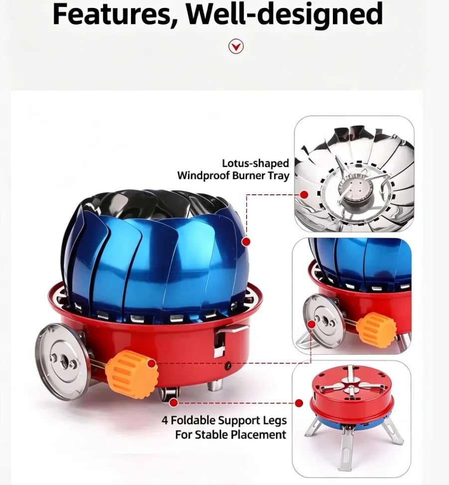 Réchaud Camping Gaz 2800W Coupe-Vent – Design Lotus, Allumage Électronique, Pliable | Randonnée & Bivouac