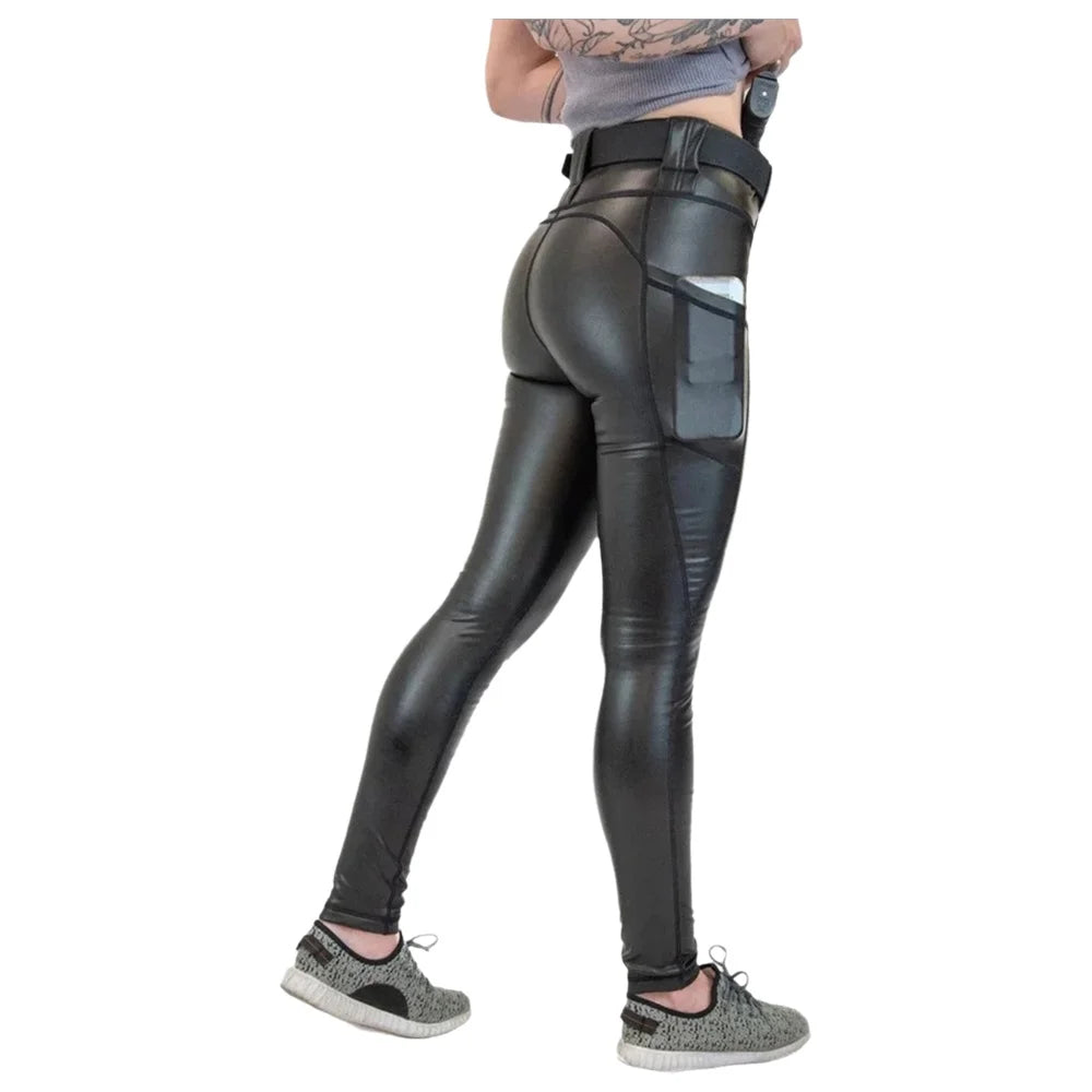 Legging Tactique Simili Cuir Femme Taille Haute – 2 Poches, Compatible Holster & Ceinturon