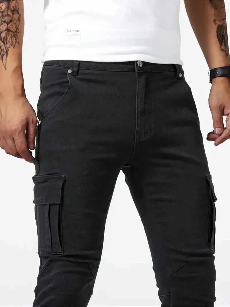 Jeans Cargo Homme Élastique 2025 – Denim Stonewashed, Multi Poches, Style Hip-Hop Casual - BLACKBEARD OUTDOOR INDUSTRIES
