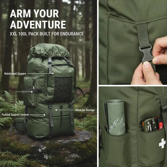 Sac à Dos Militaire Tactique 100L XXL 600D Polyester Imperméable – Extensible 78cm, Rembourré | Randonnée, Camping, Bushcraft | Expédié d'Allemagne