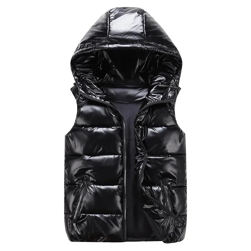 Gilet sans manches matelassé brillant à capuche