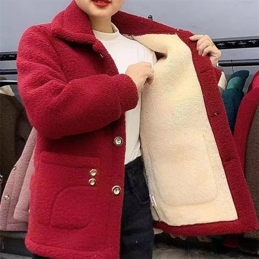 Manteau Femme Hiver Fausse Fourrure Agneau – Bouton Simple Col Rabattu Poches Chaud