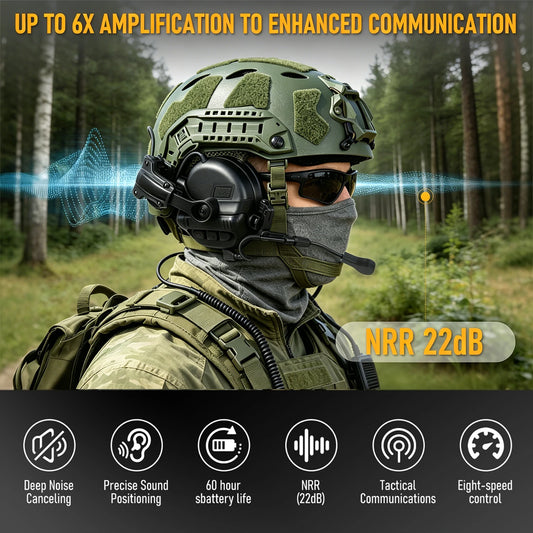 Casque Tactique Électronique sur Rail de Casque – 22 dB NRR, Amplification ×6, Micro Boom, PTT Kenwood