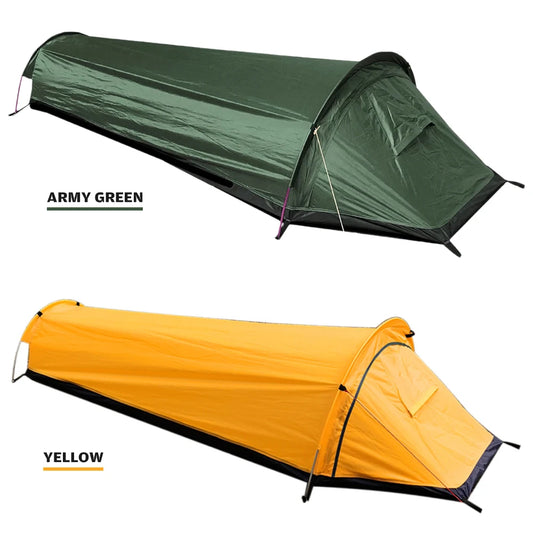 Tente Bivouac 1 Personne Ultra-Légère 690g – Polyester & Oxford, Armature Aluminium, 220x90x50cm | Randonnée, Camping, Backpacking | Vert & Jaune