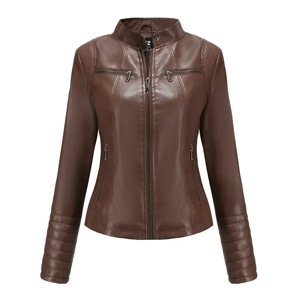 Veste Simili Cuir Moto Femme – 6 Coloris, Col Montant Zip, Printemps Automne