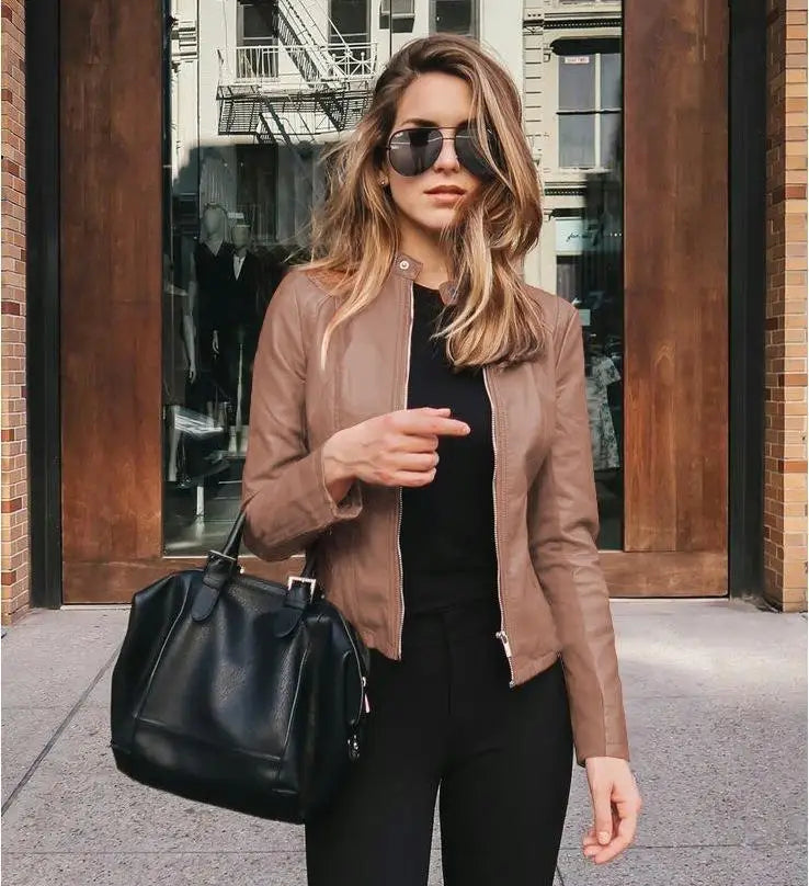 Veste Simili Cuir Femme – Col Montant, Fermeture Zip, Style Biker Streetwear