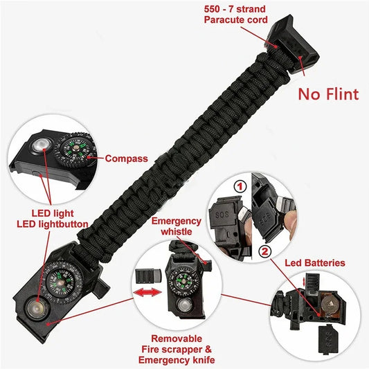 Bracelet de Survie Paracorde — Boussole, Sifflet, Lumière LED, Corde SOS 7 brins — Unisexe