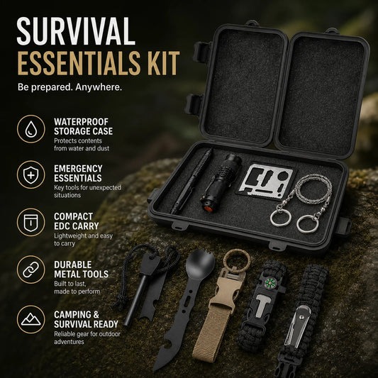 Kit de Survie Outdoor Complet – Couverture de Survie, Boussole, Allume-Feu, Bracelet Paracorde | Camping & Urgence