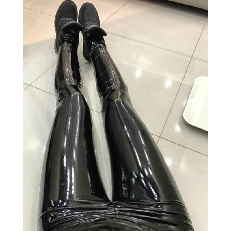 Legging simili cuir noir femme taille haute, effet push-up