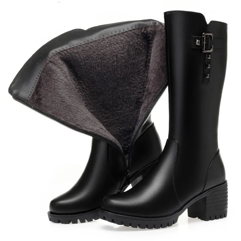 Bottes montantes femme en cuir véritable à talon carré