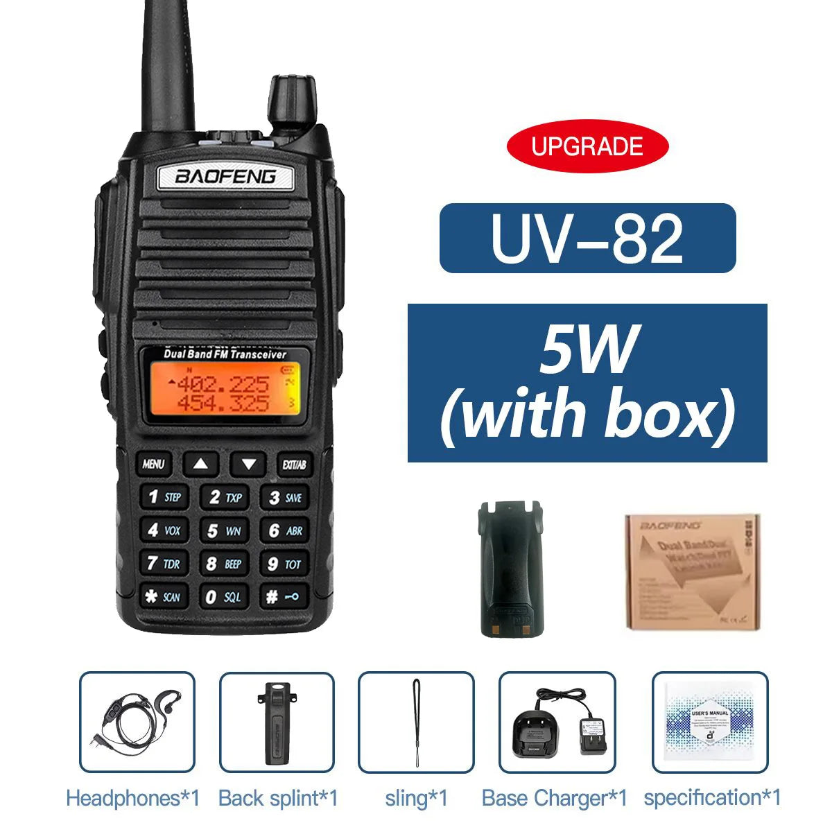 Talkie-Walkie Baofeng UV-82 Double PTT 5W/8W – Radio Amateur VHF/UHF, Portée 10 km