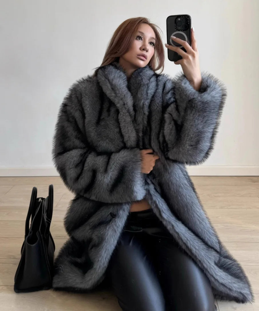 Manteau long en fausse fourrure femme, style renard