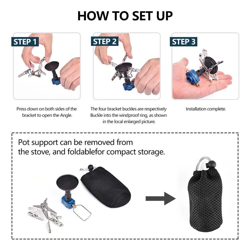 Réchaud à Gaz Camping Pliable 3300W – Ultraléger 92g, Acier Inox | Randonnée, Bivouac, Trekking