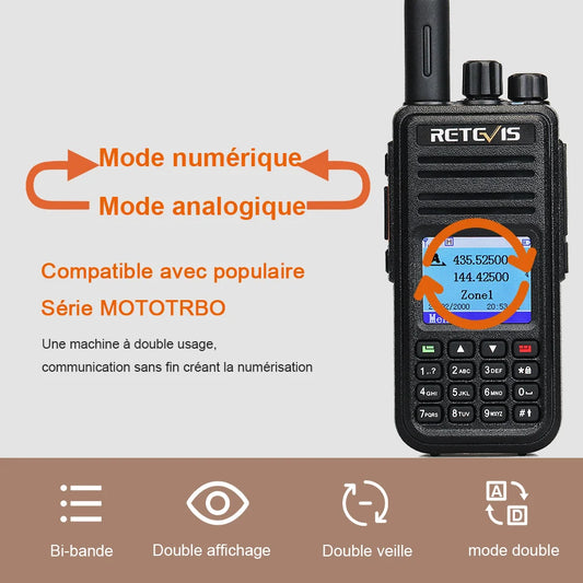 Talkie-Walkie DMR Retevis RT3S – Double Bande VHF/UHF, GPS Optionnel, Chiffrement AES256, Portée 5 km, 3000 Canaux, Radio Ham APRS