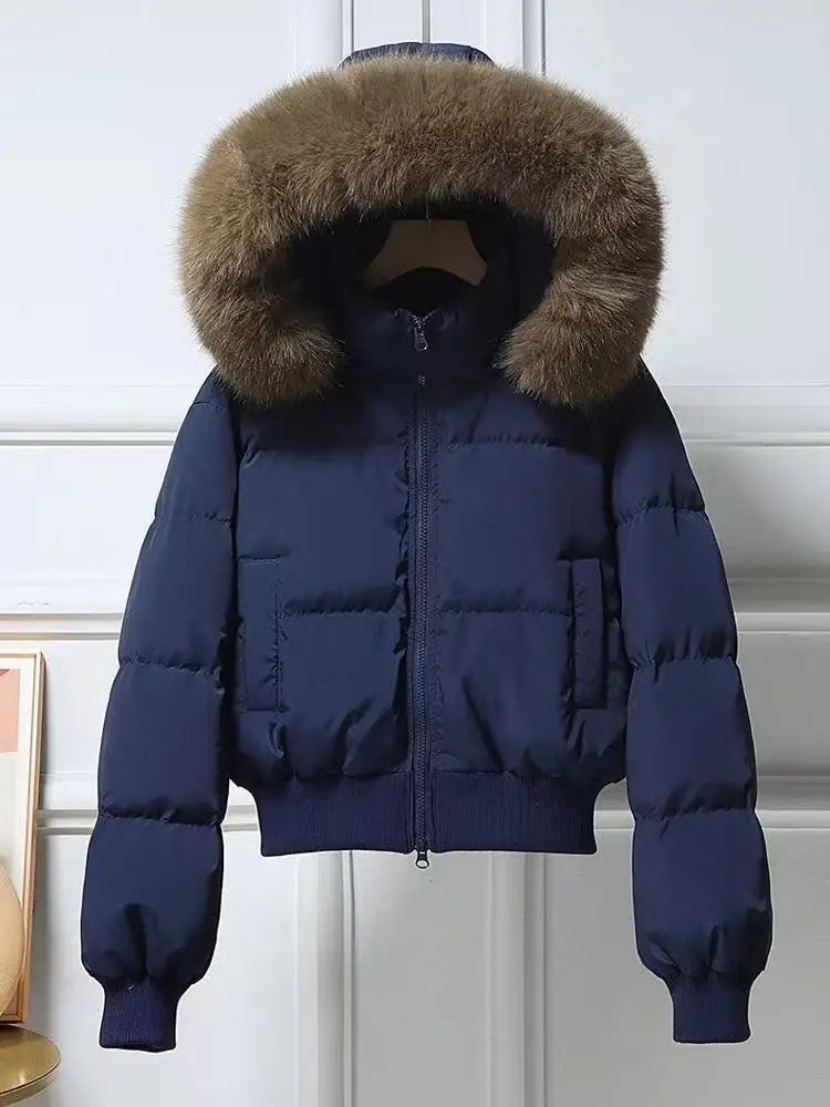 Doudoune femme à capuche et col en fausse fourrure, zippée