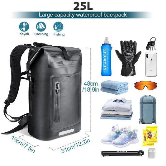 Sac à Dos Étanche NEWBOLER – PVC 25L / 35L, Kayak Canoë Natation Camping Randonnée