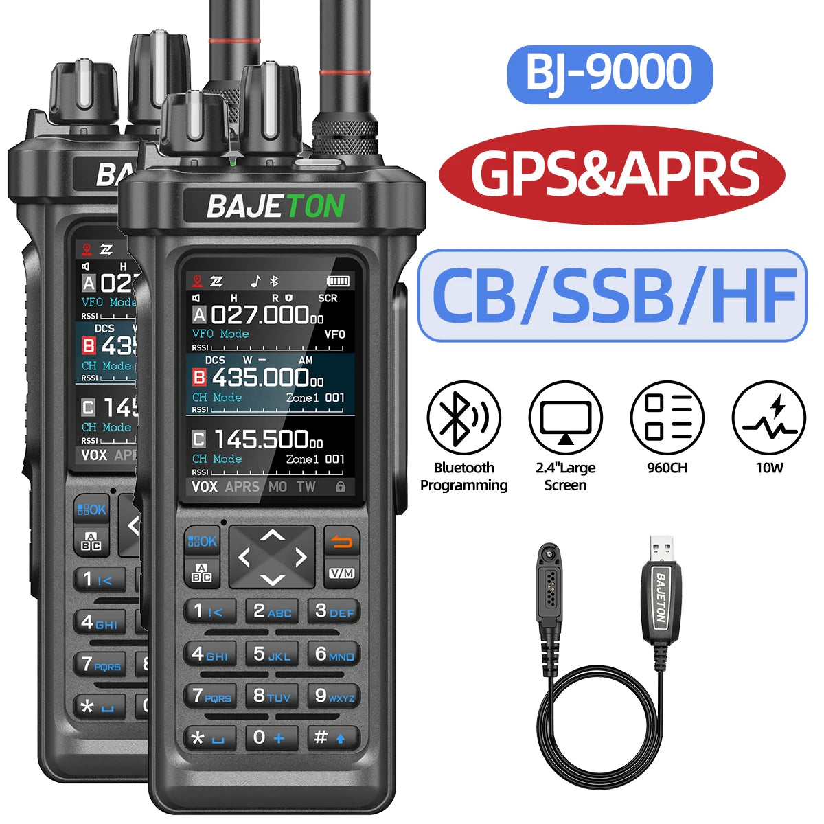 BAJETON BJ-9000 – talkie-walkie APRS GPS 10W, VHF/UHF & CB 27 MHz, récepteur AM/FM/SSB, programmation Bluetooth, USB‑C, triple veille - BLACKBEARD OUTDOOR INDUSTRIES