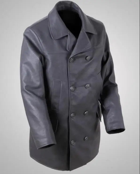 Manteau Long Gris Style Officier Allemand — Trench-Coat PU Cuir Vintage Sous-Commandement - BLACKBEARD OUTDOOR INDUSTRIES