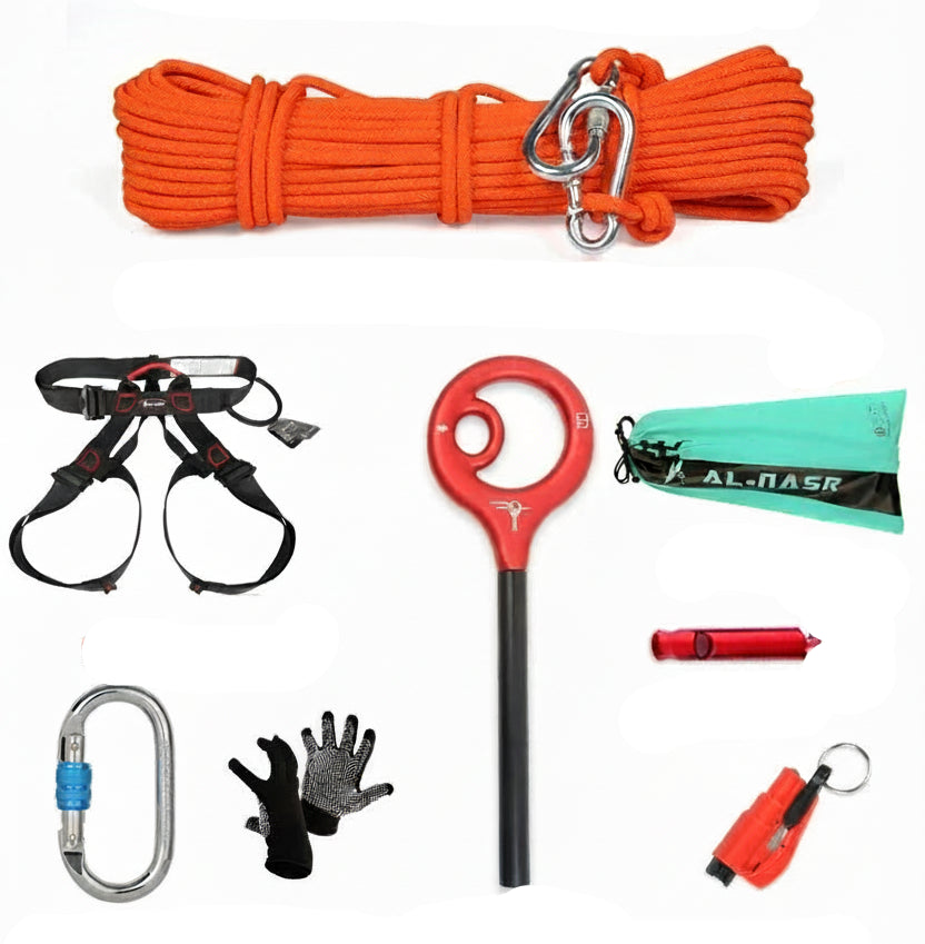 Kit Corde de Descente d’Urgence Incendie 20 m – Corde 8 mm, 8 Pièces, 4e au 6e Étage