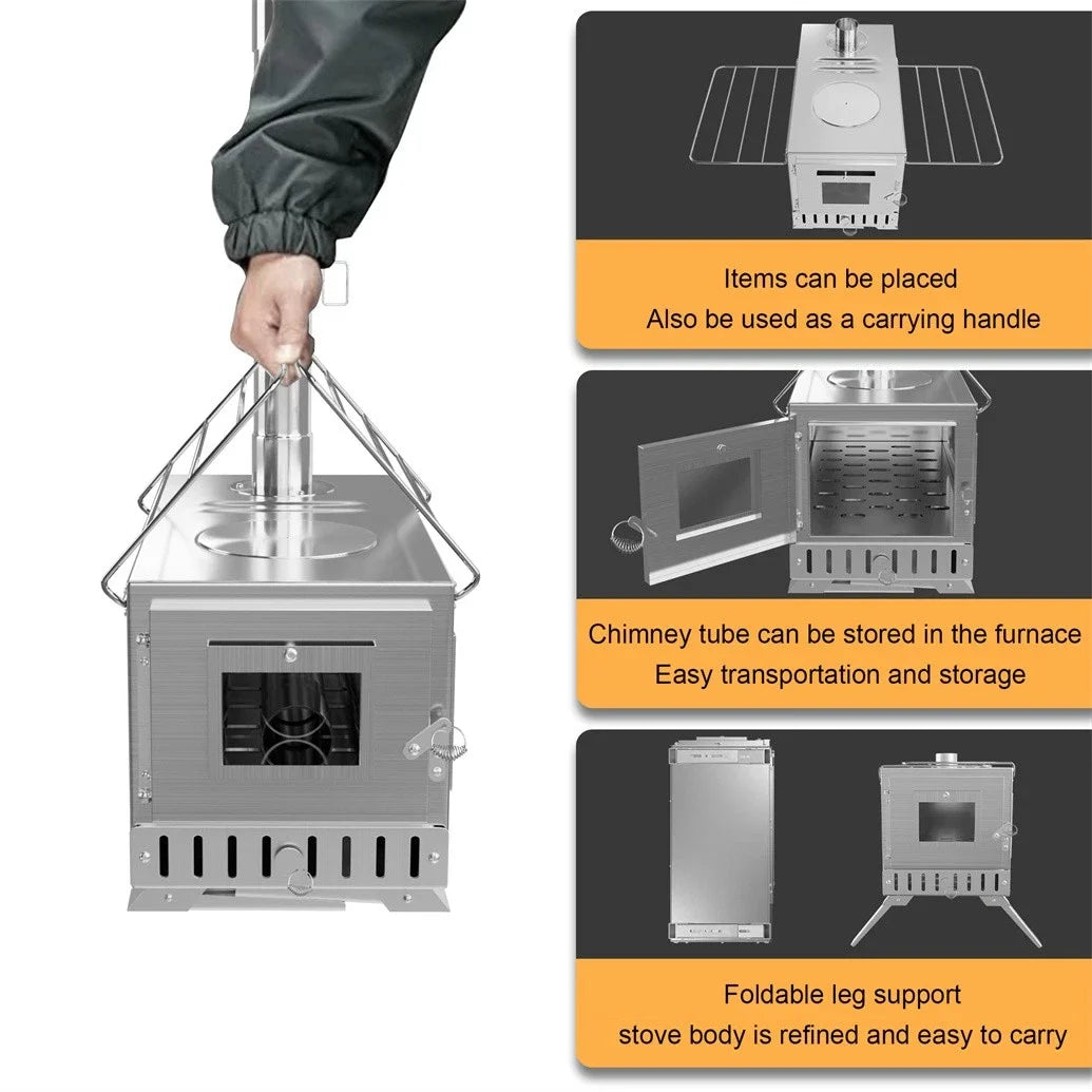 Poêle à Bois Portable Hot Tent – Inox, 7 Tuyaux Cheminée, Chauffage & Cuisson Outdoor