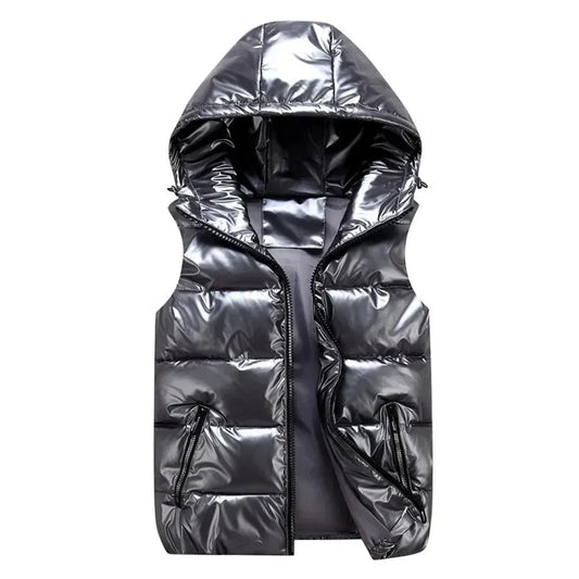Gilet sans manches matelassé brillant à capuche