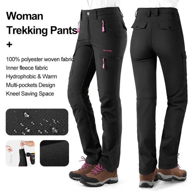 Pantalon de randonnée femme softshell doublé polaire, déperlant et coupe-vent