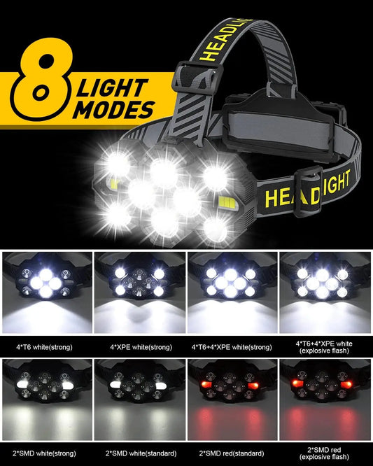Lampe Frontale 10 LED Rechargeable – Lumière Blanche & Rouge, 10 Modes, Camping Randonnée Chasse