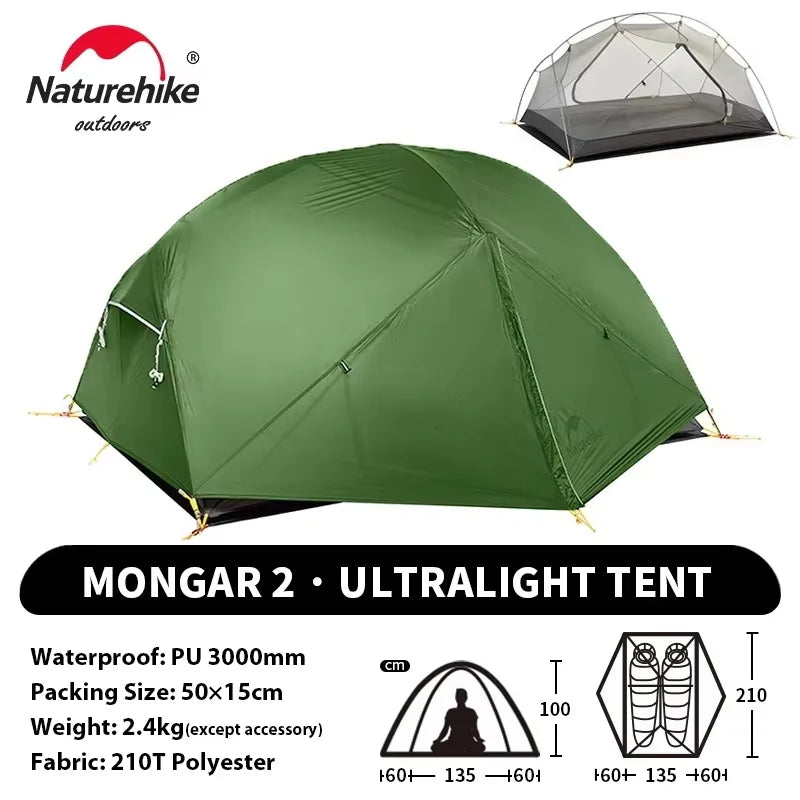 Tente Ultra-Légère Naturehike Mongar UL 2 Personnes – 3 Saisons, 15D/20D, Imperméable 3000mm