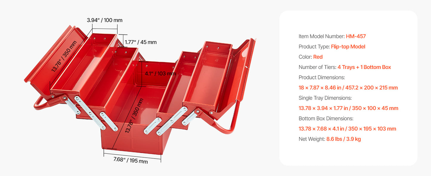 Boîte à Outils Métallique VEVOR 18” – 3 Niveaux / 5 Compartiments | Coffre de Chantier Portable avec Poignée - BLACKBEARD OUTDOOR INDUSTRIES