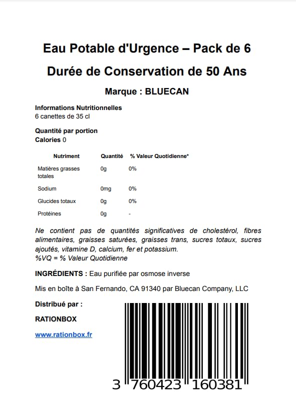 Eau en Canette d'Urgence – Pack de 6 avec une Durée de Conservation de 50 Ans, Eau Purifiée pour Préparation aux Catastrophes et Kits de Survie Ma boutique