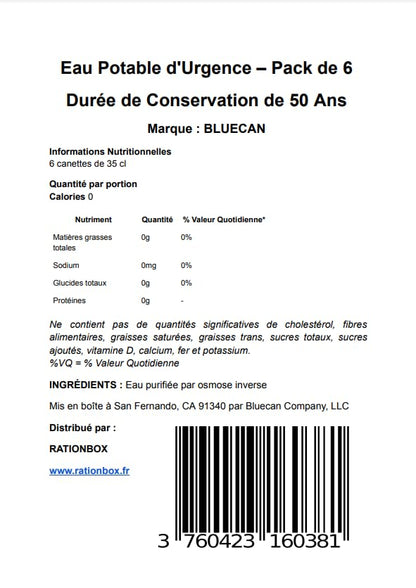 Eau en Canette d'Urgence – Pack de 6 avec une Durée de Conservation de 50 Ans, Eau Purifiée pour Préparation aux Catastrophes et Kits de Survie Ma boutique